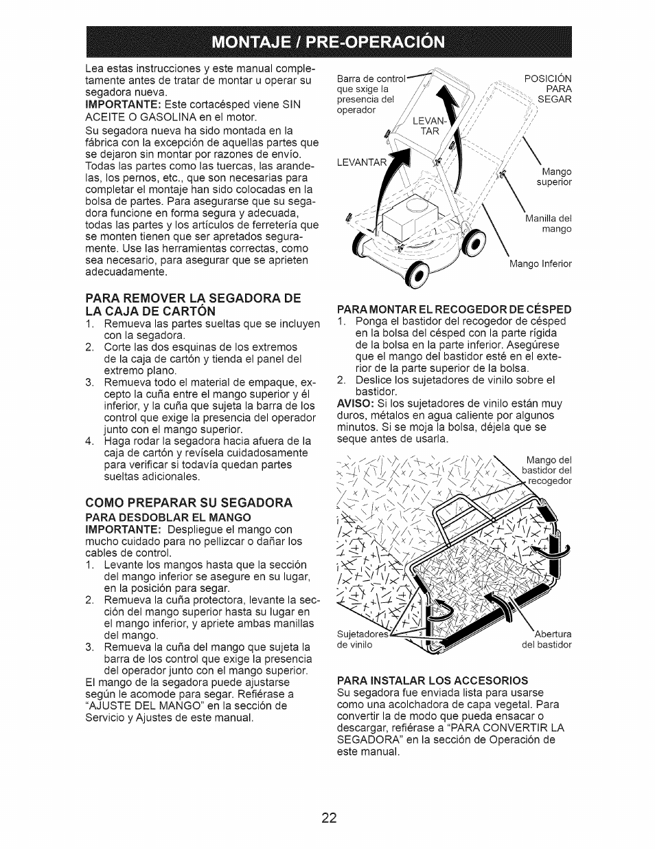 Para remover la segadora de la caja de cartón, Montaje / pre-operacion | Craftsman 917.388201 User Manual | Page 22 / 44