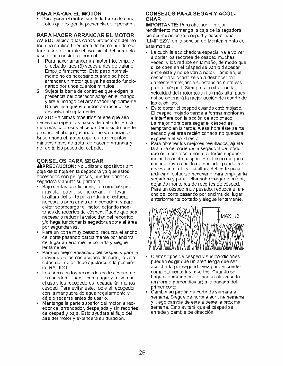 Para hacer arrancar el motor, Consejos para segar y acolchar | Craftsman 917.388201 User Manual | Page 26 / 44