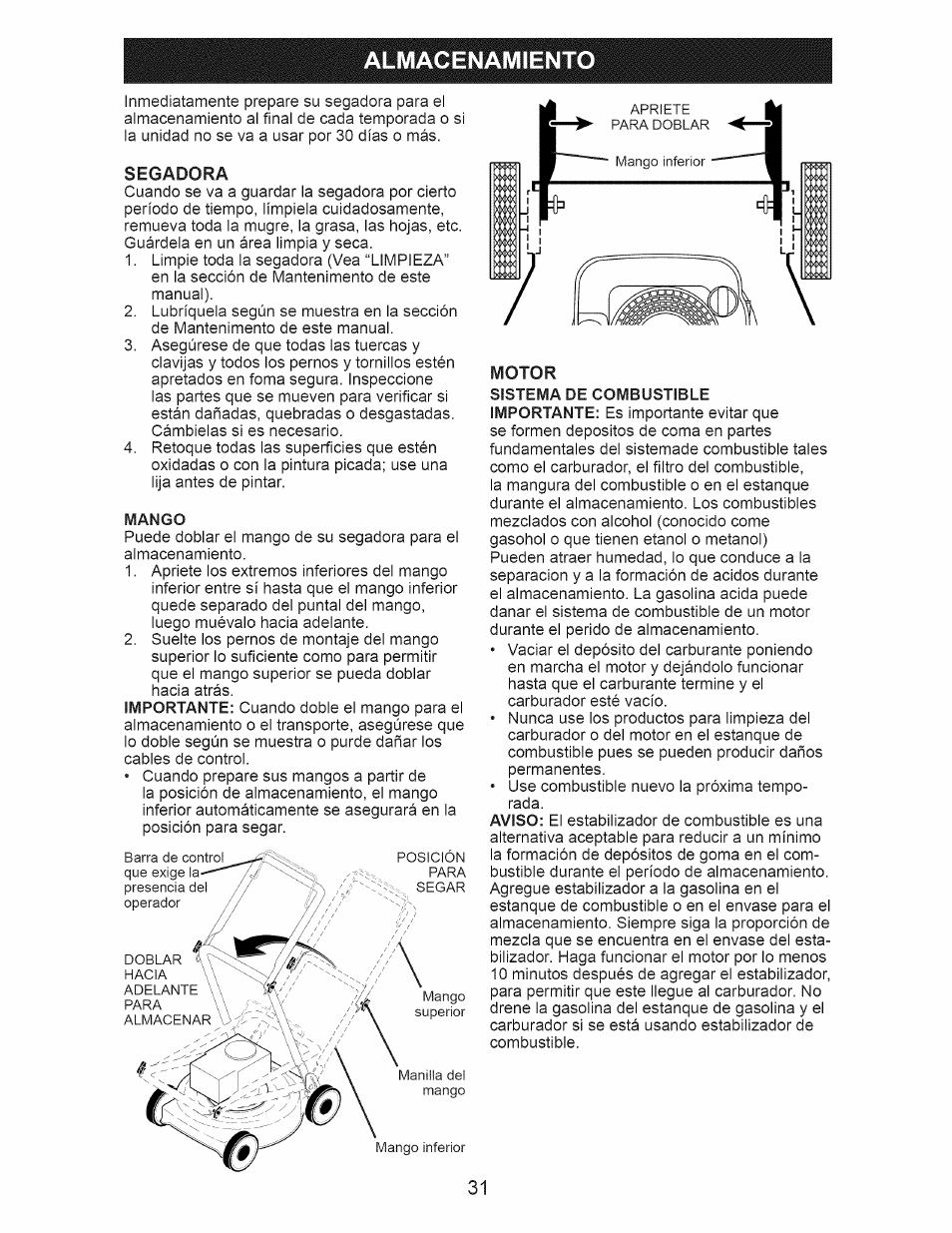 Almacenamiento, Segadora, Motor | Almacenamiento -32 | Craftsman 917.388201 User Manual | Page 31 / 44