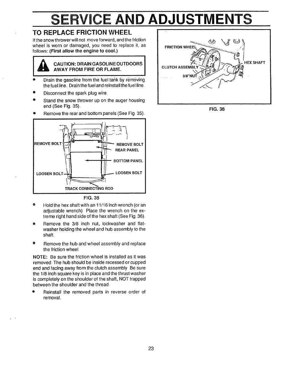 To replace friction wheel, Service and adjustments | Craftsman 536.885020 User Manual | Page 23 / 44