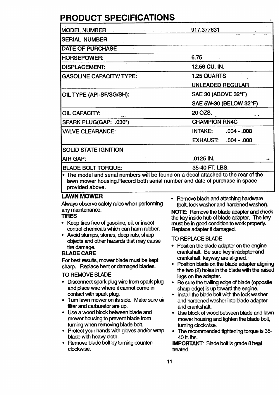 Lawn mower, Product specifications | Craftsman 917.377631 User Manual | Page 11 / 46