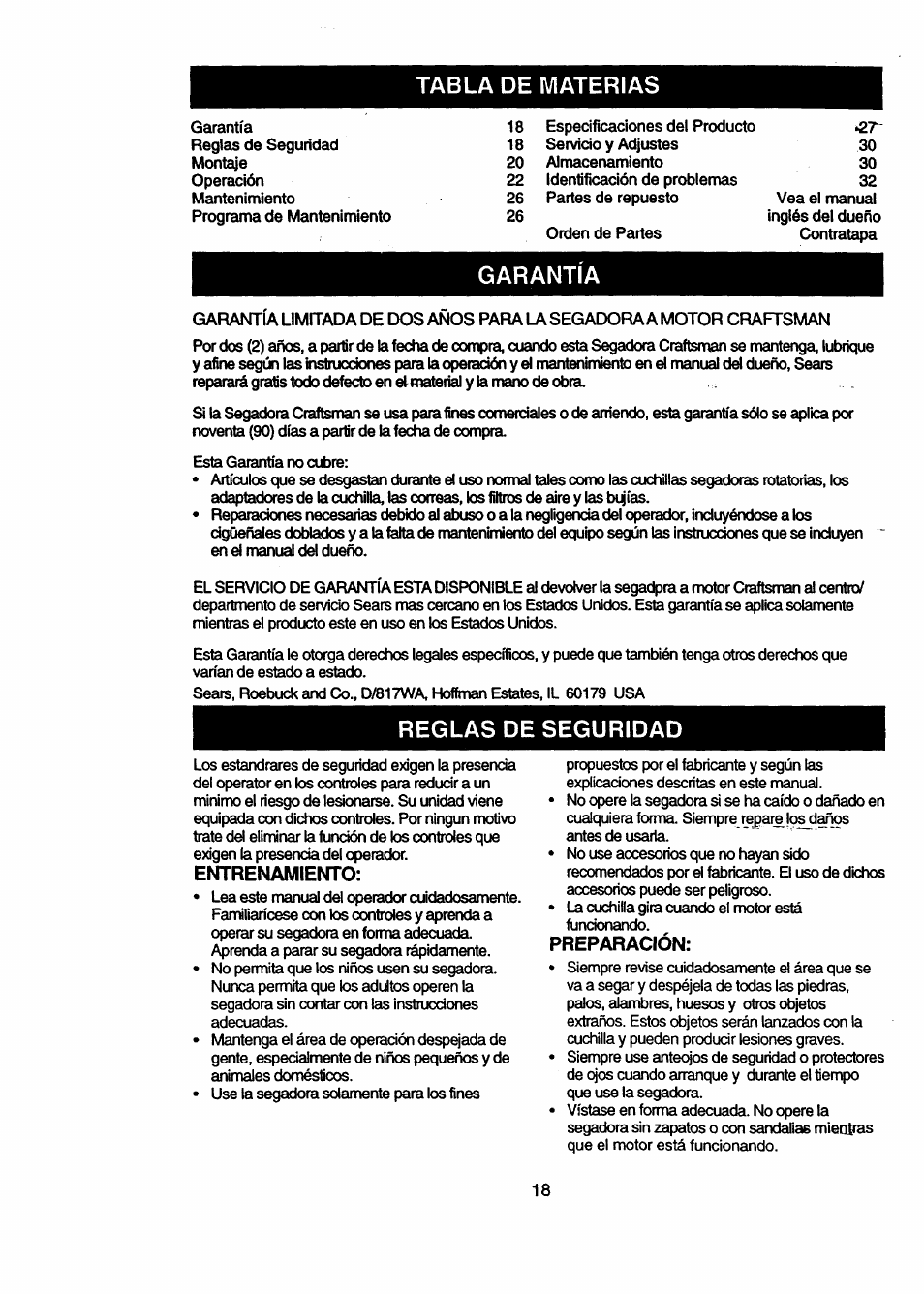 Entrenamiem'o, Preparación, Tabla de materias | Garantia, Reglas de seguridad | Craftsman 917.377631 User Manual | Page 18 / 46