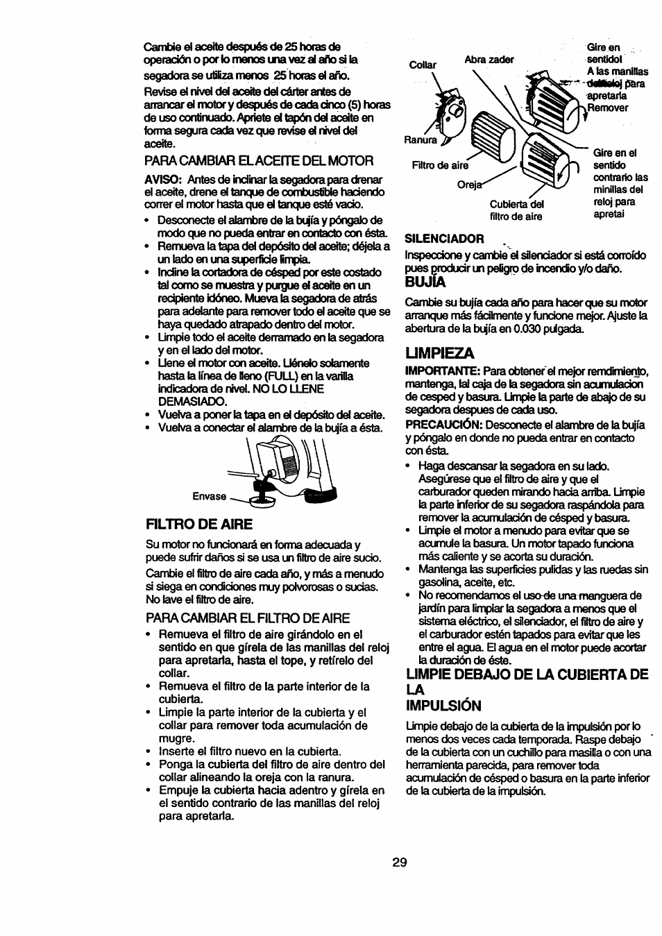 Rltro de aire, Umpie debajo de la cubierta de la, Impulsión | Umpieza, Bujía, Umpie debajo de la cubierta de la impulsión | Craftsman 917.377631 User Manual | Page 29 / 46