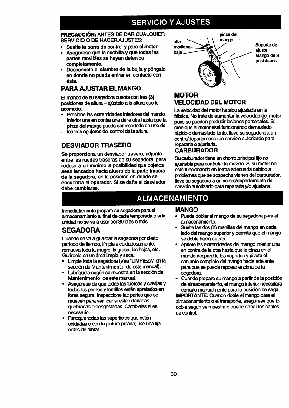 Para ajustar el mango, Desviador trasero, Velocidad del motor | Carburador, Mango, Servicio y ajustes, Motor, Almacenamiento, Segadora | Craftsman 917.377631 User Manual | Page 30 / 46