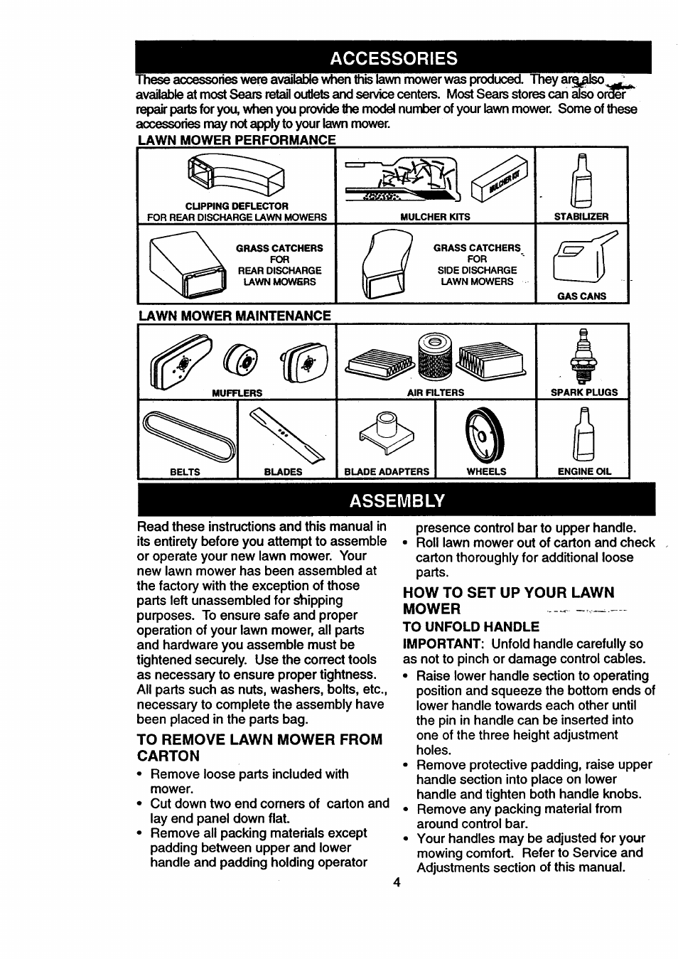 To remove lawn mower from carton, How to set up your lawn, Mower | Accessories, Assembly, How to set up your lawn mower | Craftsman 917.377631 User Manual | Page 4 / 46