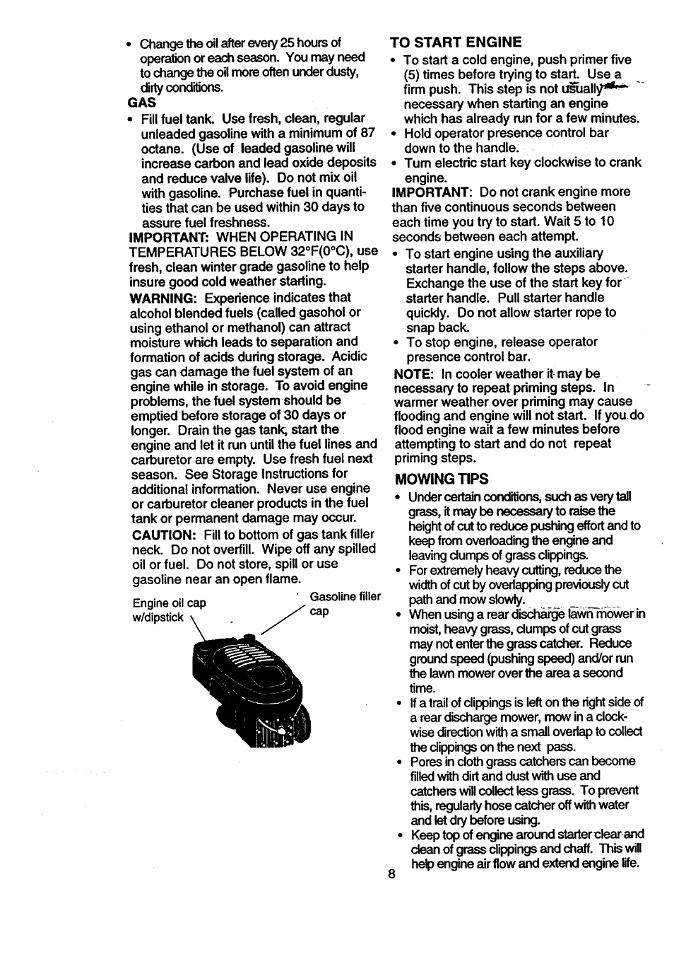 To start engine, Mowing tips | Craftsman 917.377631 User Manual | Page 8 / 46