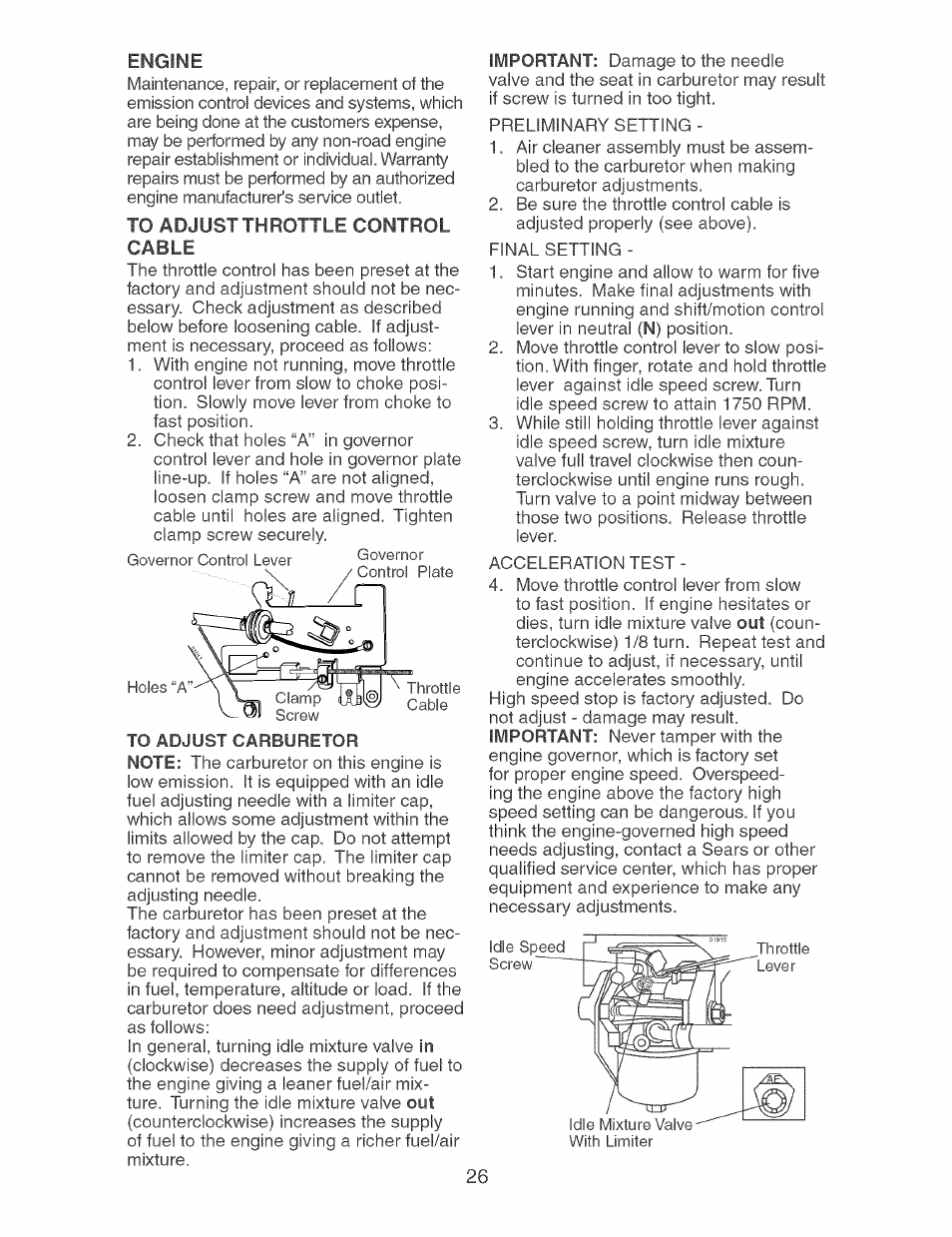 Engine, To adjust throttle control cable | Craftsman 917.273631 User Manual | Page 26 / 56