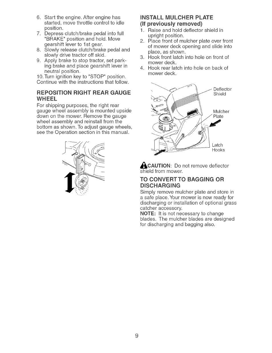 Reposition right rear gauge wheel, Install mulcher plate (if previously removed), To convert to bagging or discharging | Craftsman 917.273631 User Manual | Page 9 / 56