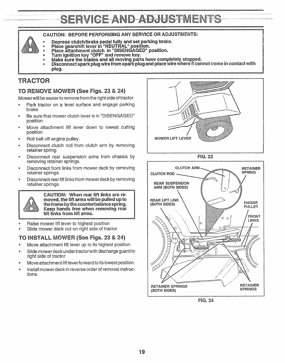 Tractor, To remove movifer (see figs. 23 8i 24), To tissstall mower (see figs. 23 & 24) | Craftsman 917.256930 User Manual | Page 19 / 56
