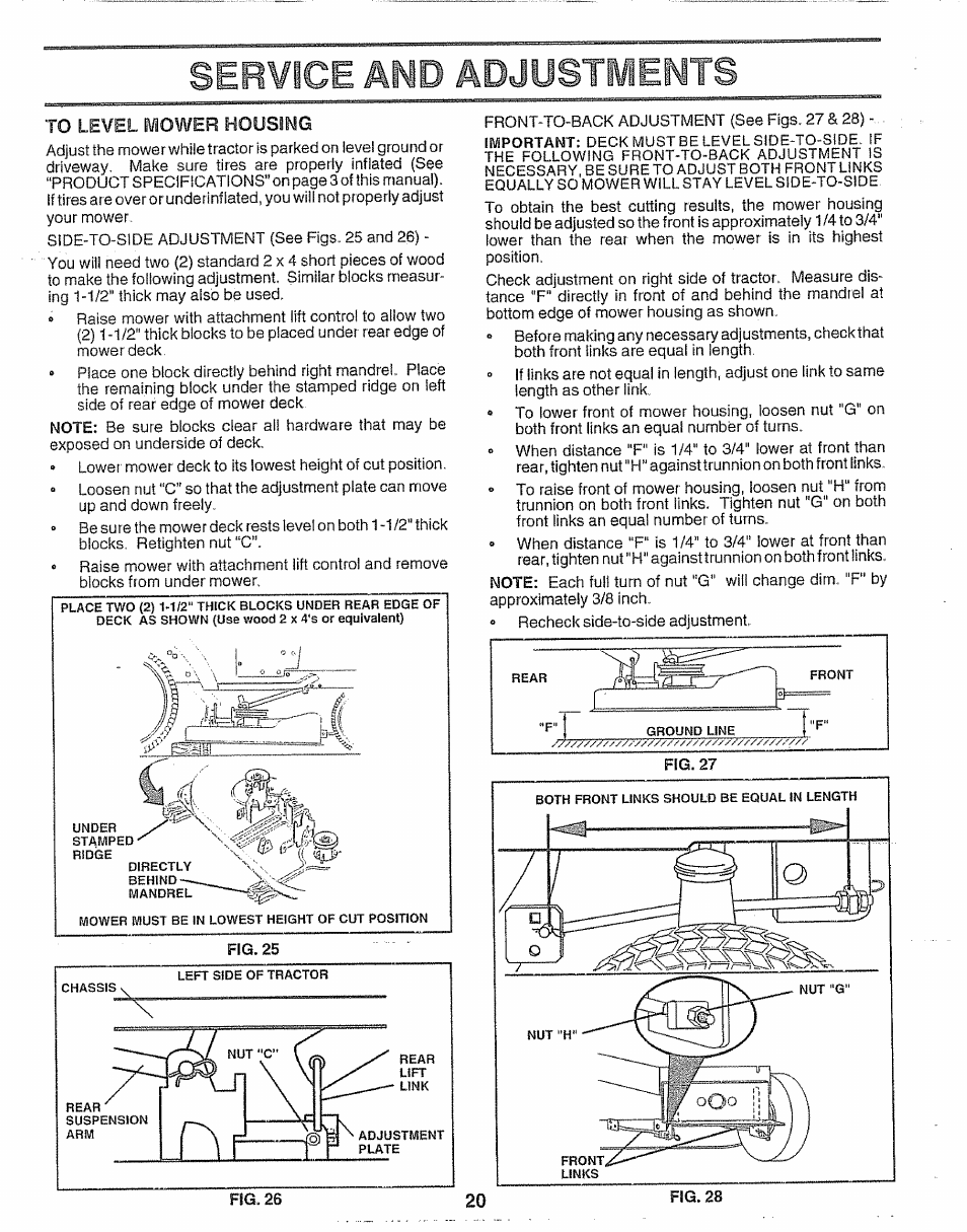 Service and adjustments, To level mower housing | Craftsman 917.256930 User Manual | Page 20 / 56