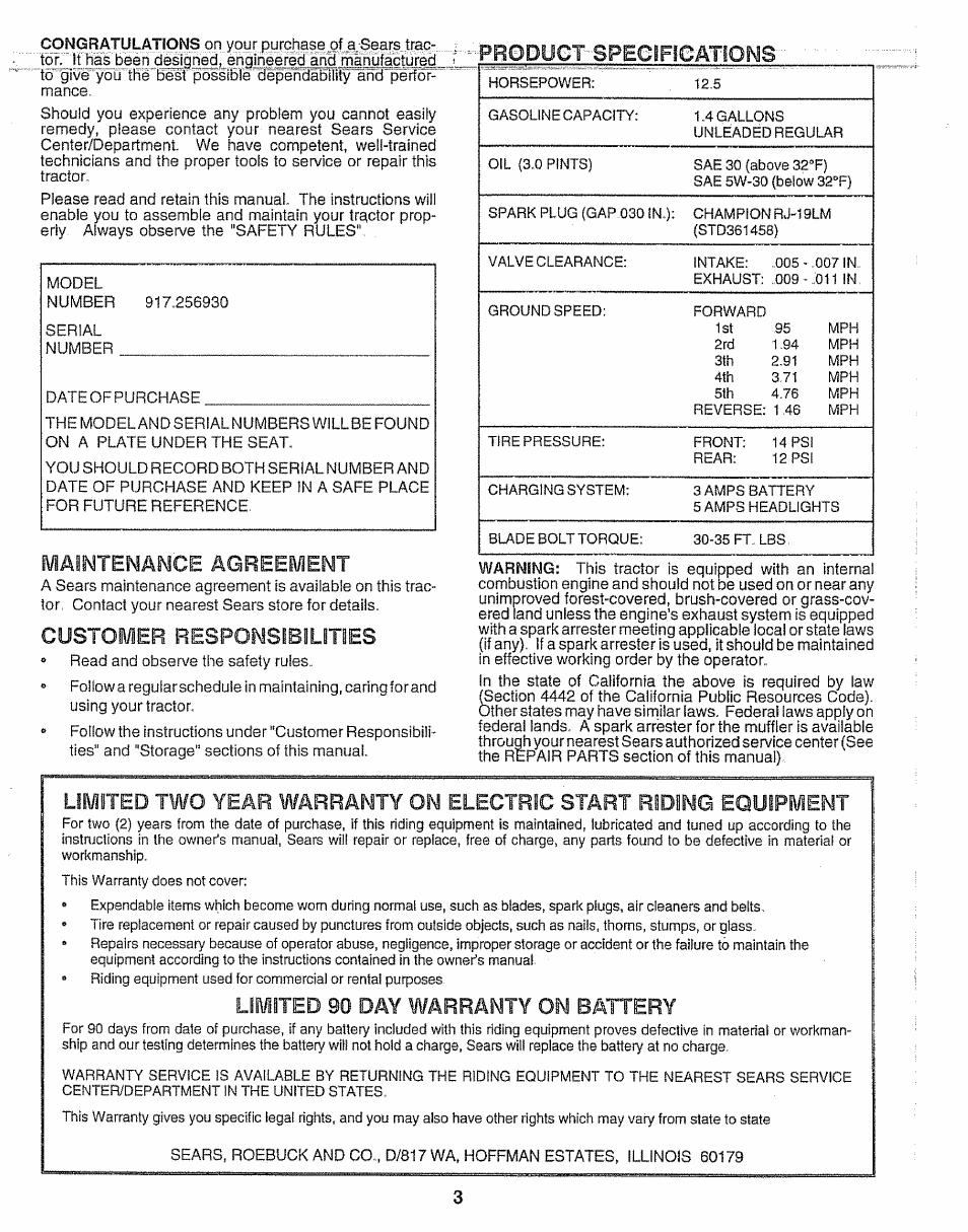 Mainteislance agreement, Customer responsibilities, Limited 90 day warranty on battery | Рверует.... speeifieatiqîsis | Craftsman 917.256930 User Manual | Page 3 / 56