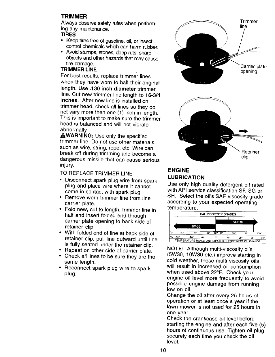 Trimmer, Tires, Trimmer line | Engine, Lubrication | Craftsman 917.77341 User Manual | Page 10 / 26