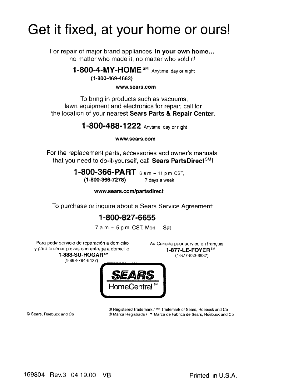 Get it fixed, at your home or ours, 800-4-my-home, Homecentral | Craftsman 917.77341 User Manual | Page 26 / 26