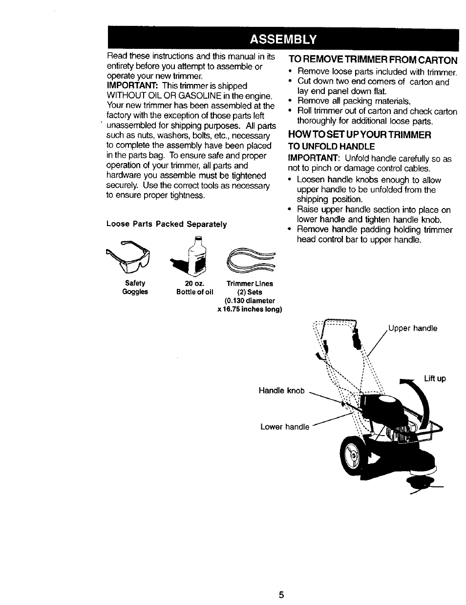 Assembly, To unfold handle | Craftsman 917.77341 User Manual | Page 5 / 26