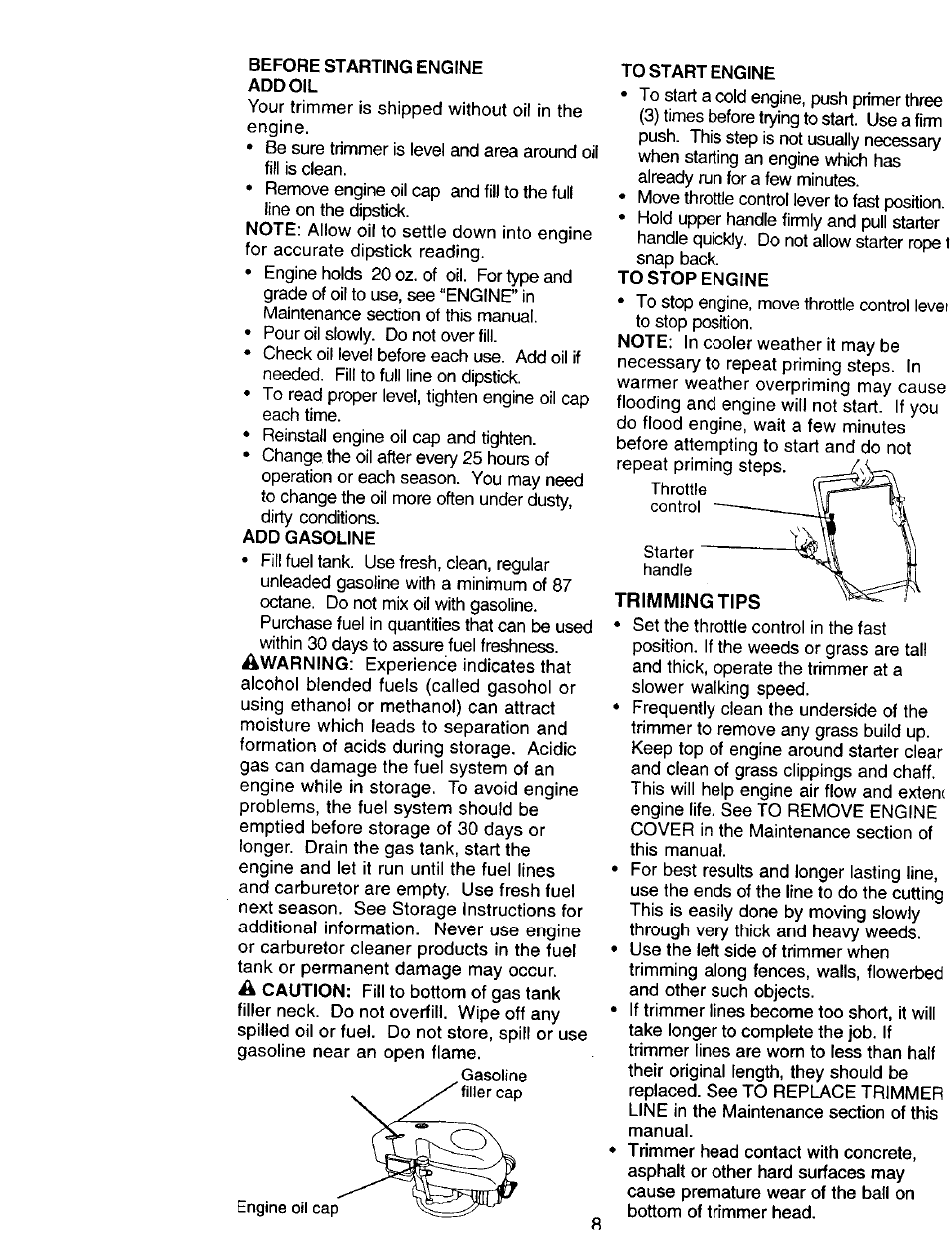 Before starting engine add oil, Add gasoline, To start engine | To stop engine | Craftsman 917.77341 User Manual | Page 8 / 26