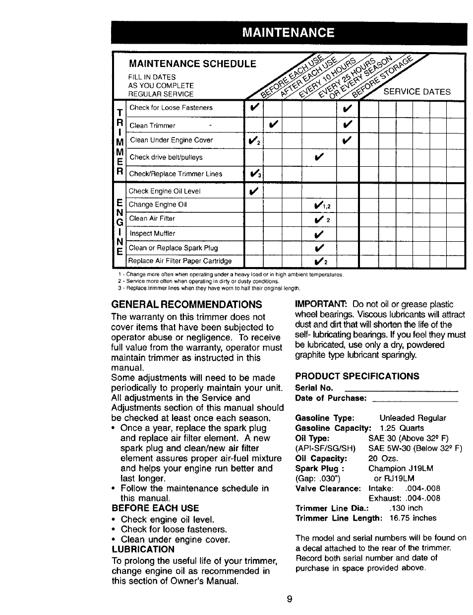 Maintenance, General recommendations, Before each use | Craftsman 917.77341 User Manual | Page 9 / 26