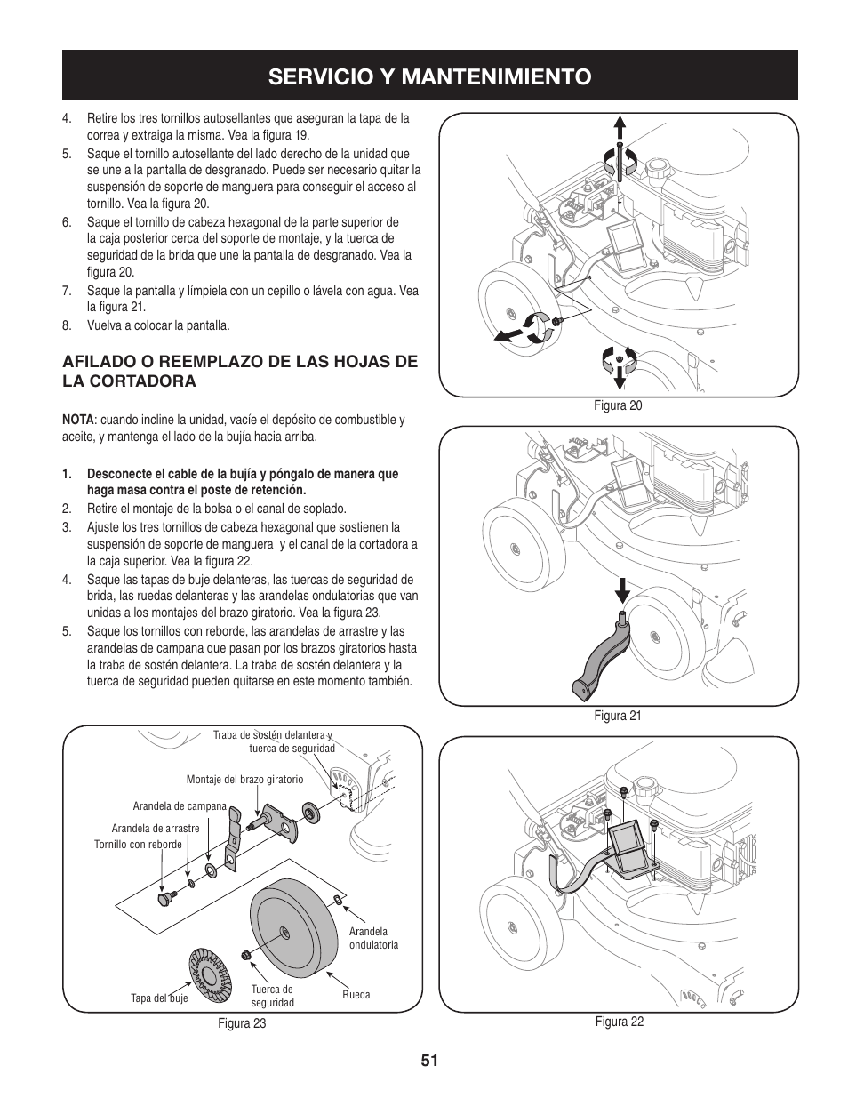 Servicio y mantenimiento, Afilado o reemplazo de las hojas de la cortadora | Craftsman 247.77013.0 User Manual | Page 51 / 60