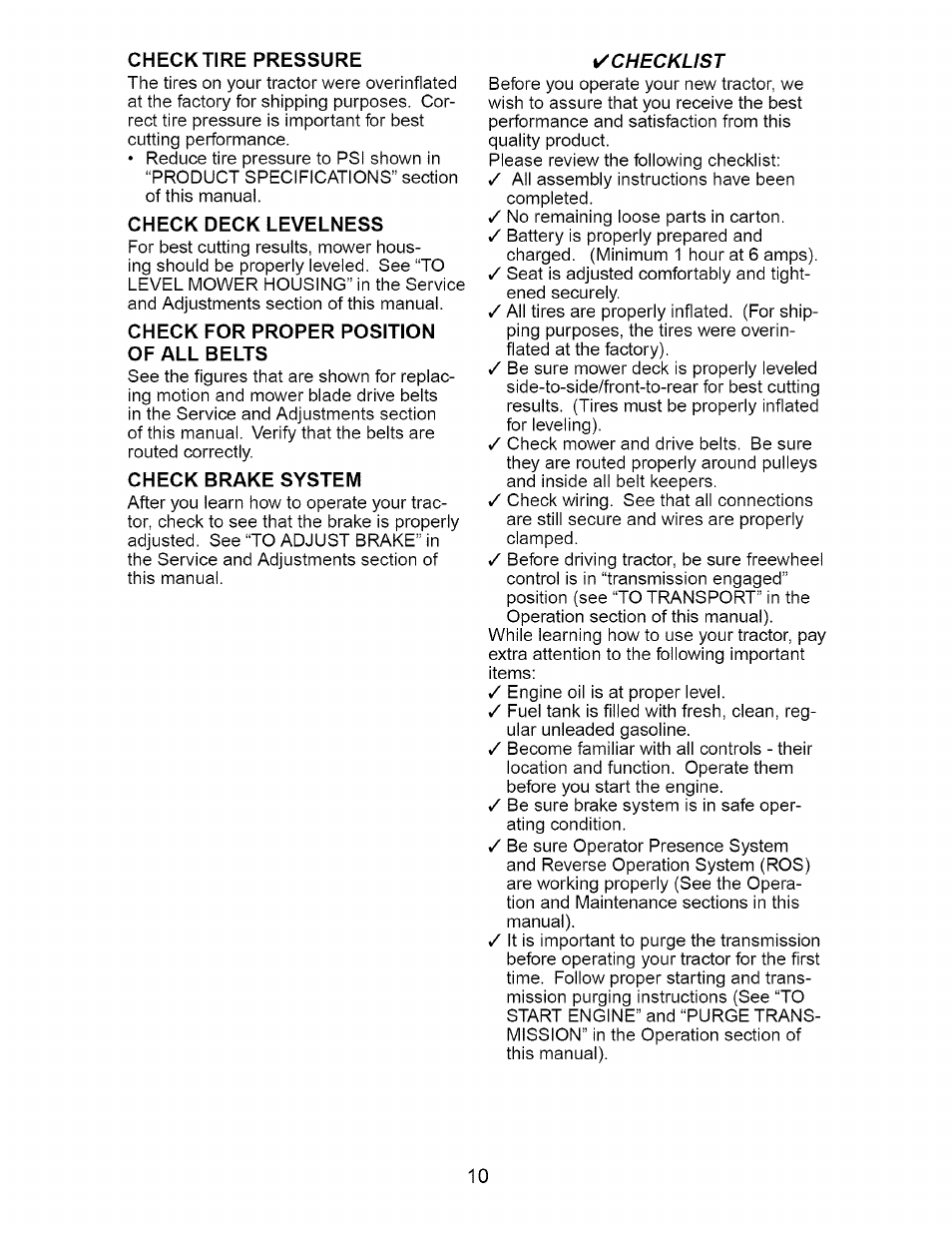 Check tire pressure, Check deck levelness, Check for proper position of all belts | Check brake system | Craftsman 917.274762 User Manual | Page 10 / 56