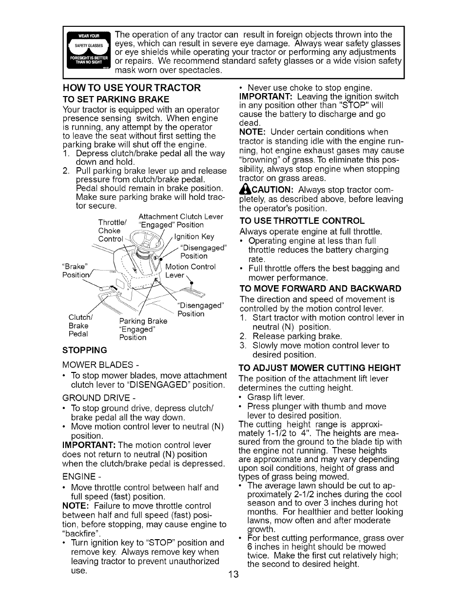 Howto use your tractor to set parking brake, Stopping, To use throttle control | To move forward and backward, To adjust mower cutting height | Craftsman 917.274762 User Manual | Page 13 / 56