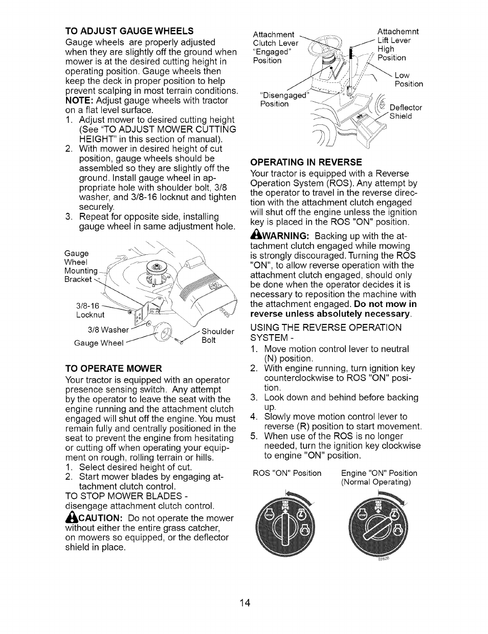 To adjust gauge wheels, To operate mower, Operating in reverse | Craftsman 917.274762 User Manual | Page 14 / 56