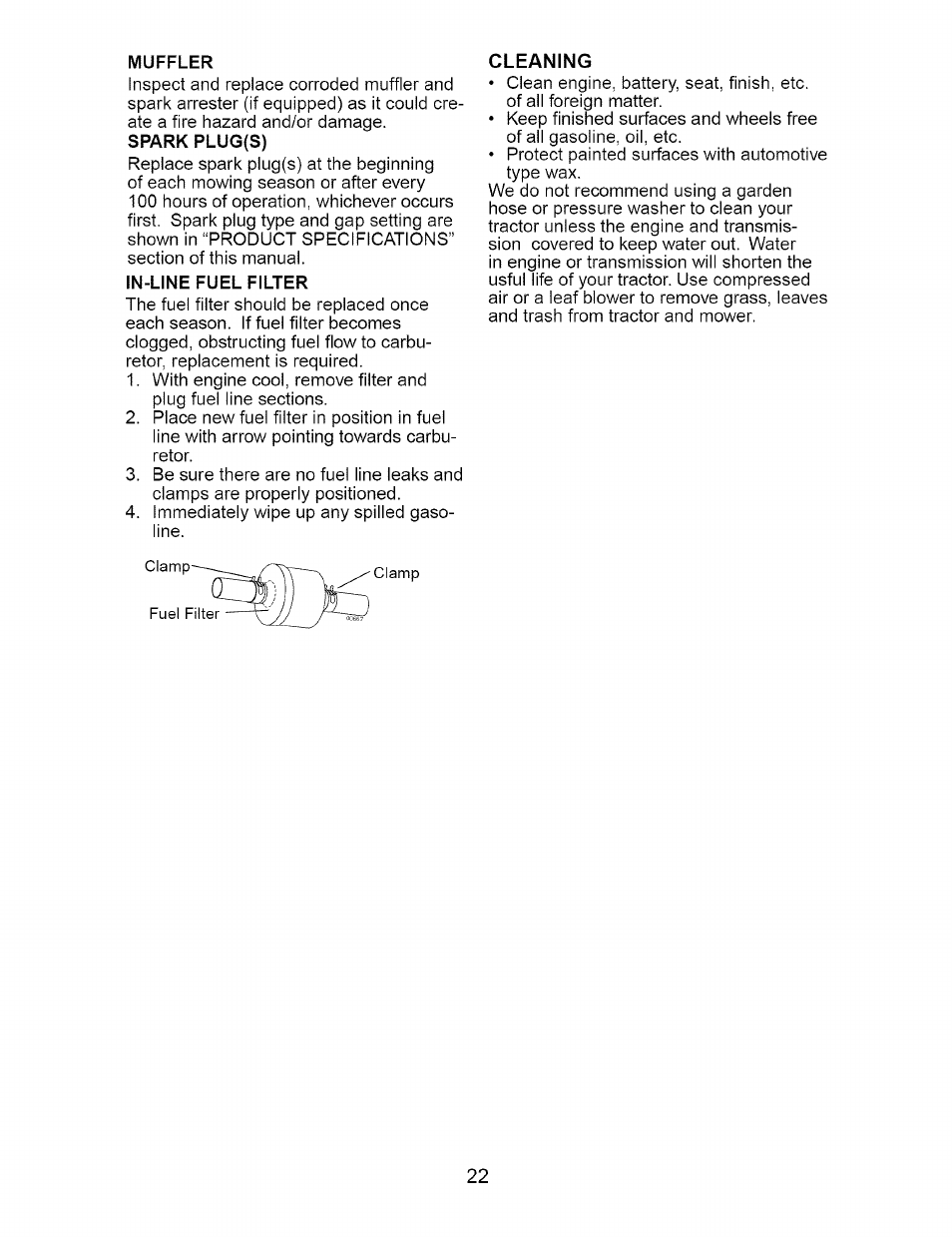 Muffler, Spark plug(s), In-line fuel filter | Cleaning | Craftsman 917.274762 User Manual | Page 22 / 56