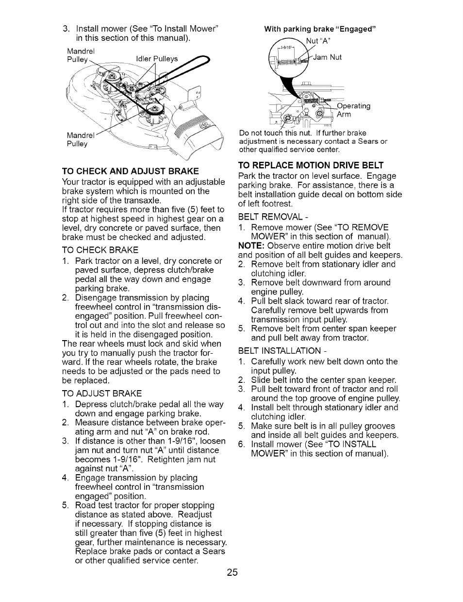 To check and adjust brake, To replace motion drive belt | Craftsman 917.274762 User Manual | Page 25 / 56