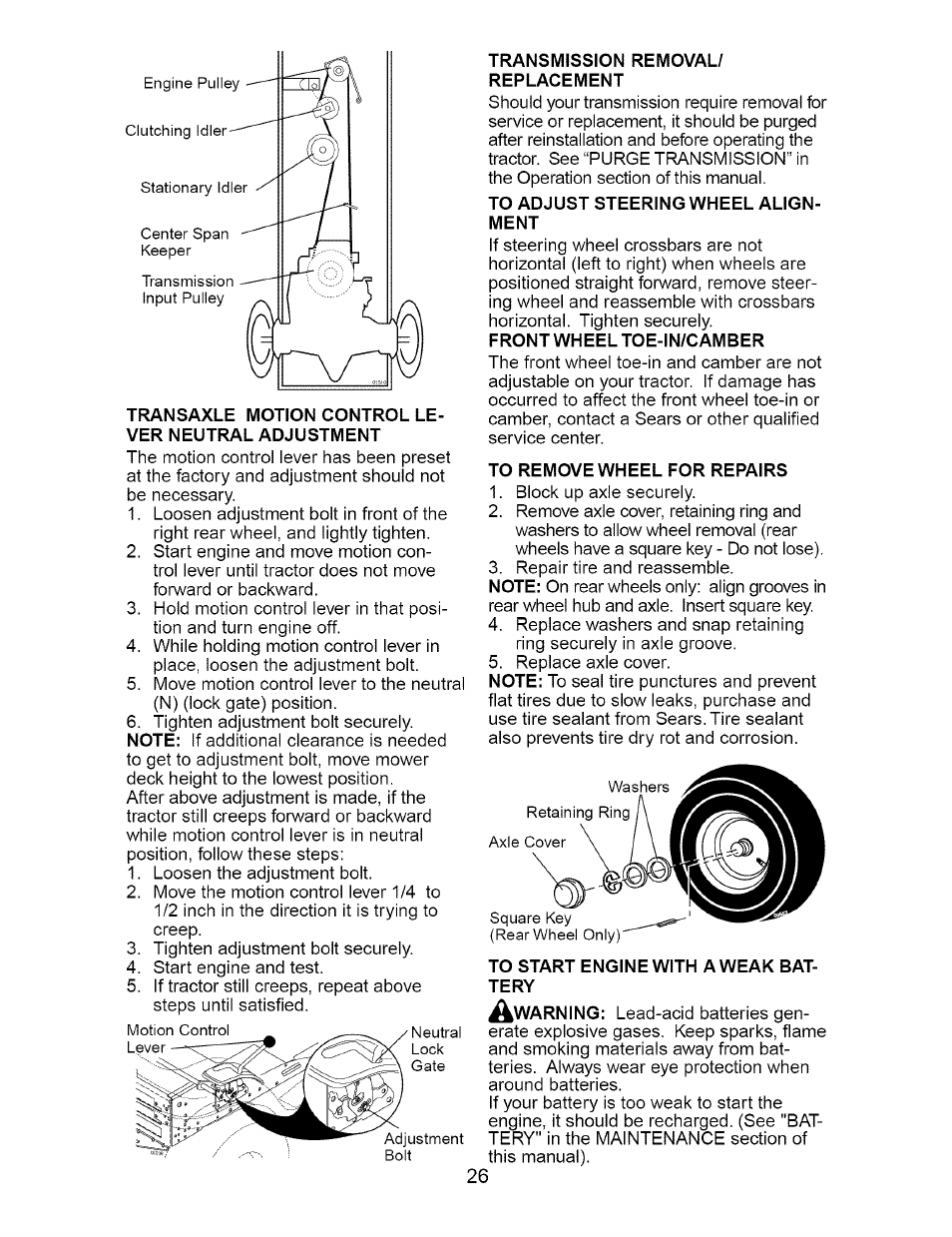 Transaxle motion control lever neutral adjustment, Transmission removal/ replacement, To adjust steering wheel alignment | To remove wheel for repairs, To start engine with a weak battery | Craftsman 917.274762 User Manual | Page 26 / 56