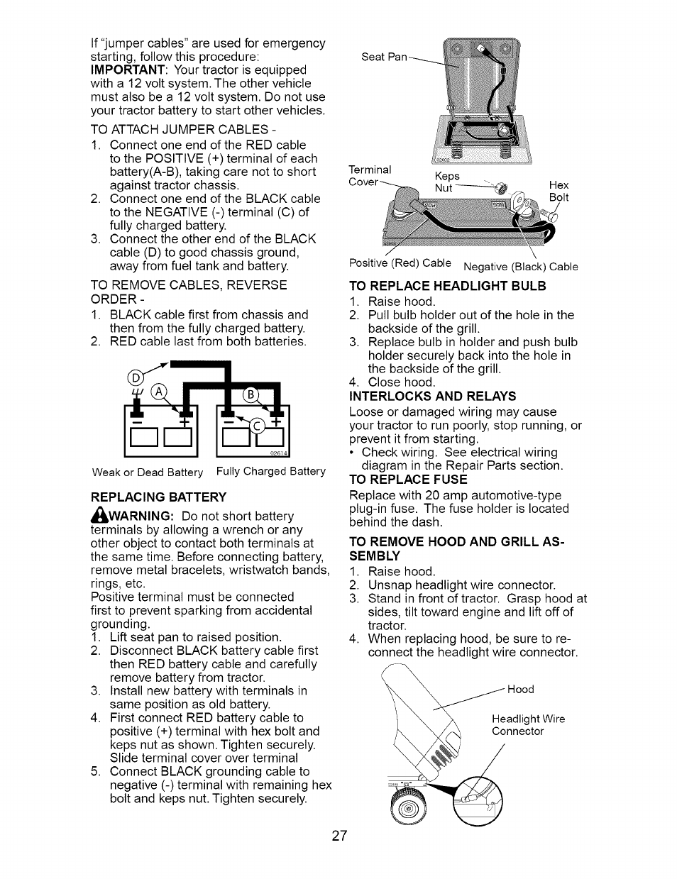 Replacing battery, To replace headlight bulb, To remove hood and grill assembly | Craftsman 917.274762 User Manual | Page 27 / 56