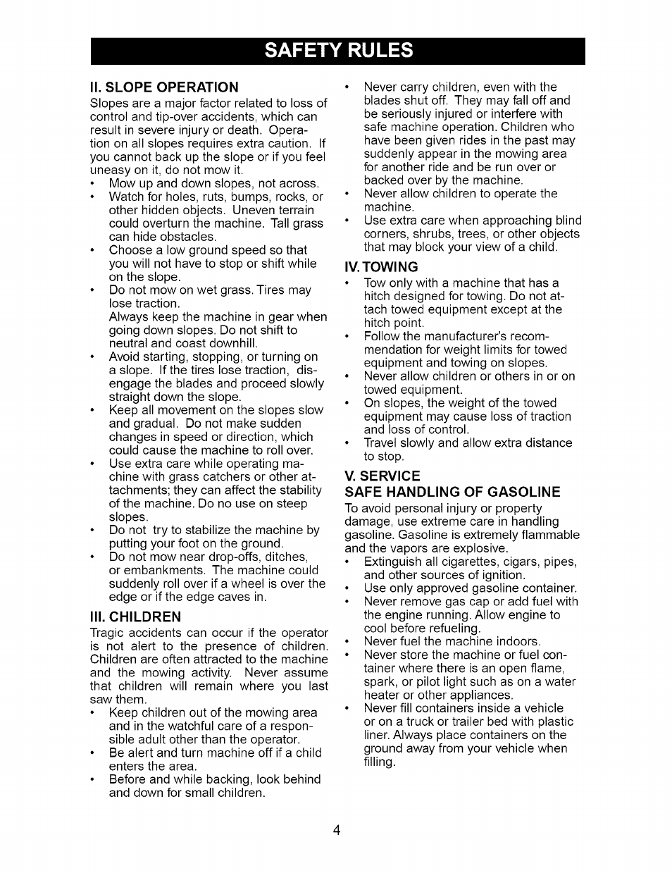 Ii. slope operation, Iii. children, Iv. towing | V. service, Safe handling of gasoline, Safety rules | Craftsman 917.274762 User Manual | Page 4 / 56