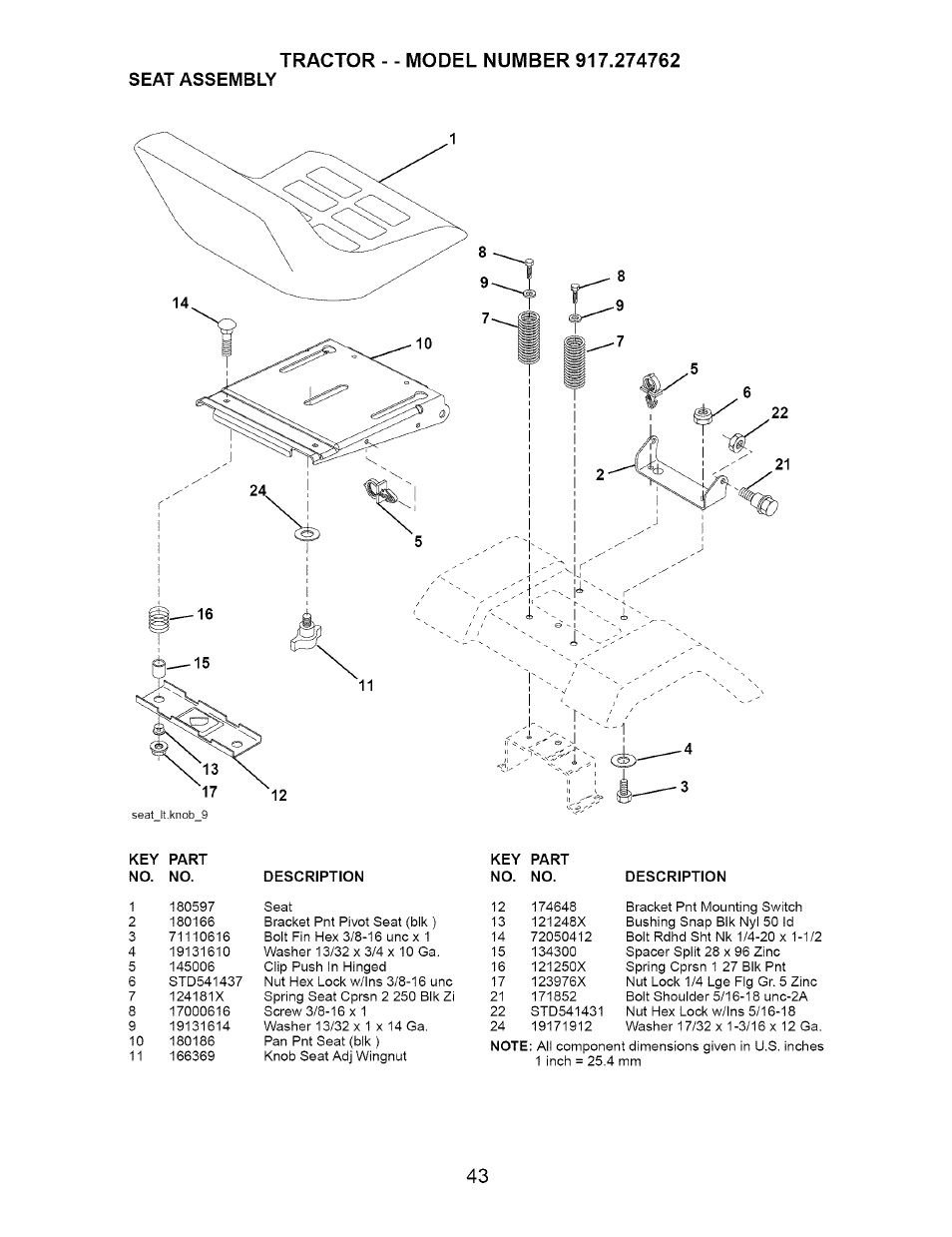 Seat assembly | Craftsman 917.274762 User Manual | Page 43 / 56