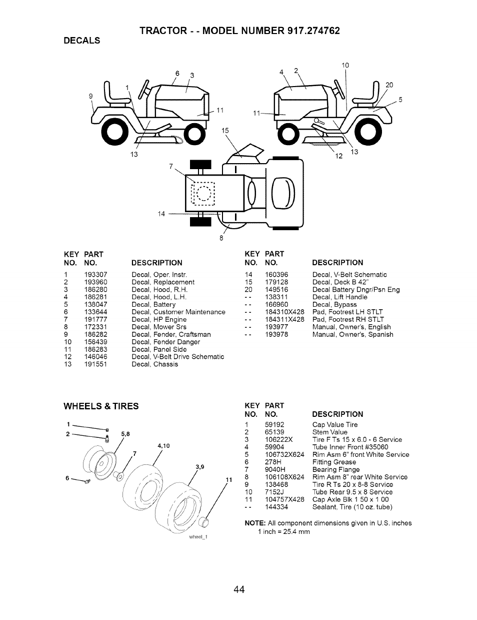 Decals, Wheels & tires | Craftsman 917.274762 User Manual | Page 44 / 56