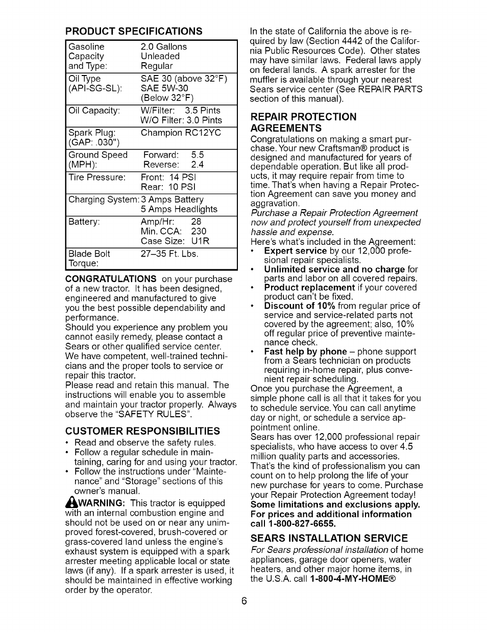 Customer responsibilities, Repair protection agreements, Sears installation service | Craftsman 917.274762 User Manual | Page 6 / 56