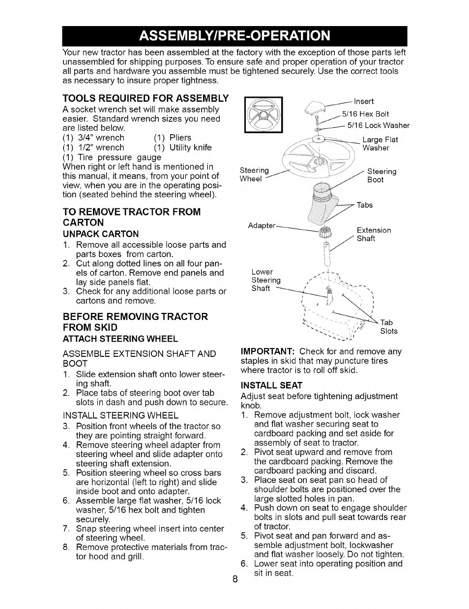 Assembly/pre-operation, Tools required for assembly, To remove tractor from | Carton, Unpack carton, Before removing tractor from skid, Attach steering wheel, Install seat | Craftsman 917.274762 User Manual | Page 8 / 56