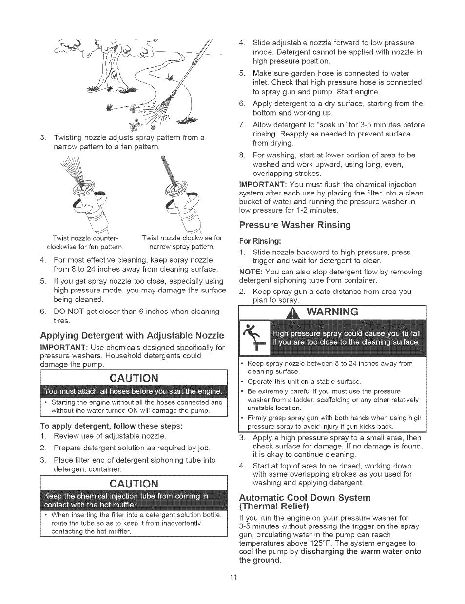 Applying detergent with adjustable nozzle, Caution, Pressure washer rinsing | Automatic cool down system (thermal relief), Warning | Craftsman 580.752310 User Manual | Page 11 / 48