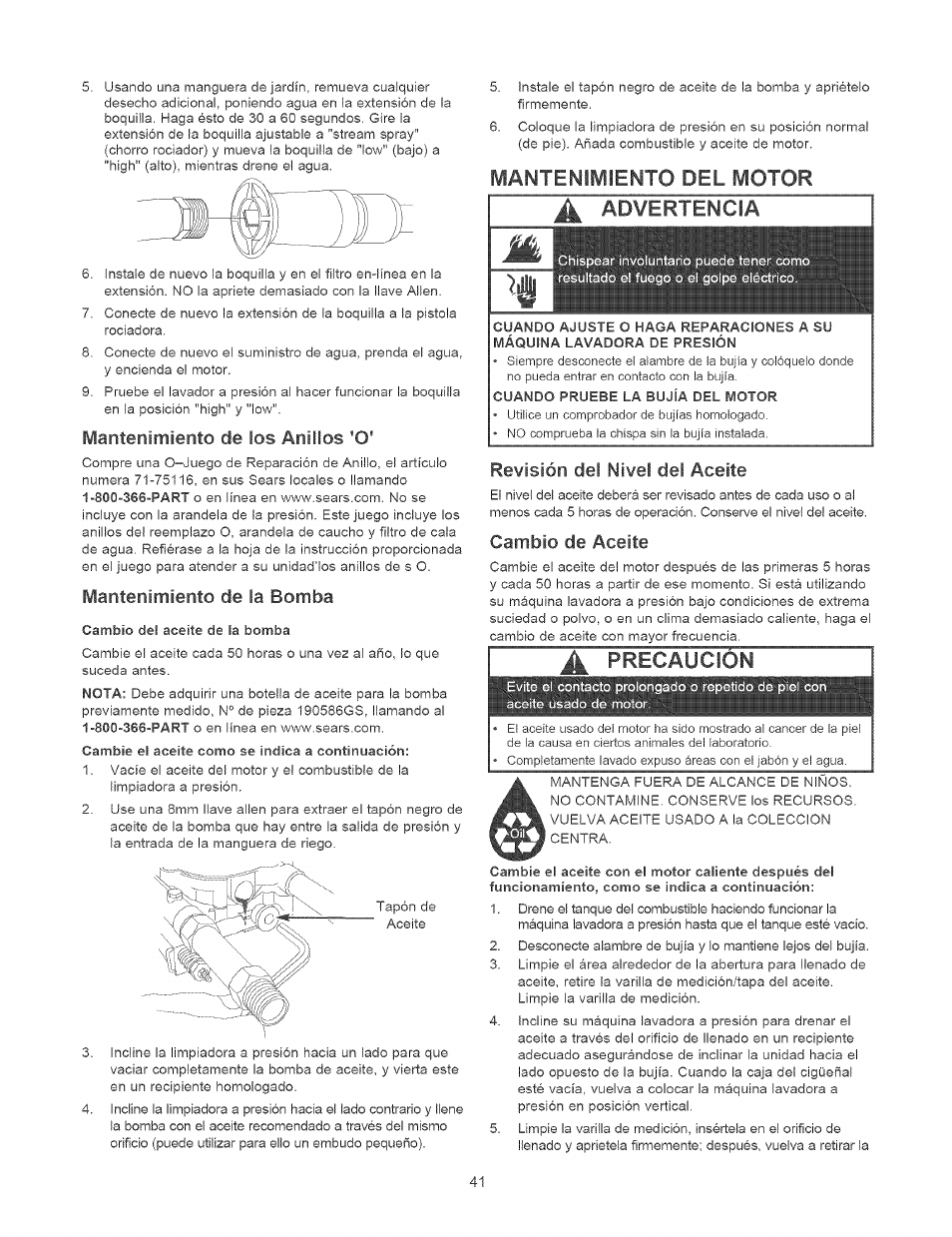 Mantenimiento de los anillos 'o, Mantenimiento de la bomba, Manteniwiento del motor | Advertencia, Revisión del nivel del aceite, Cambio de aceite, Manteniwiento del motor ^ advertencia | Craftsman 580.752310 User Manual | Page 41 / 48