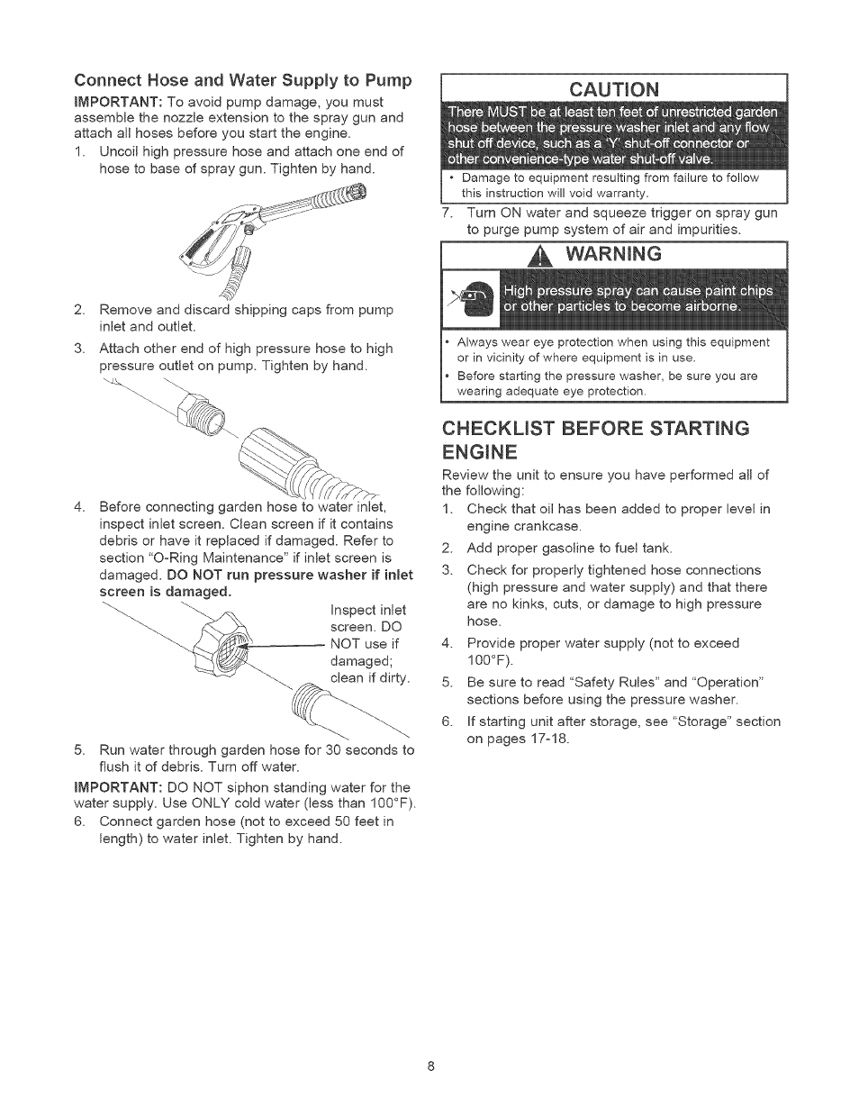 Coririect hose and water supply to pomp, Checklist before starting engine | Craftsman 580.752310 User Manual | Page 8 / 48