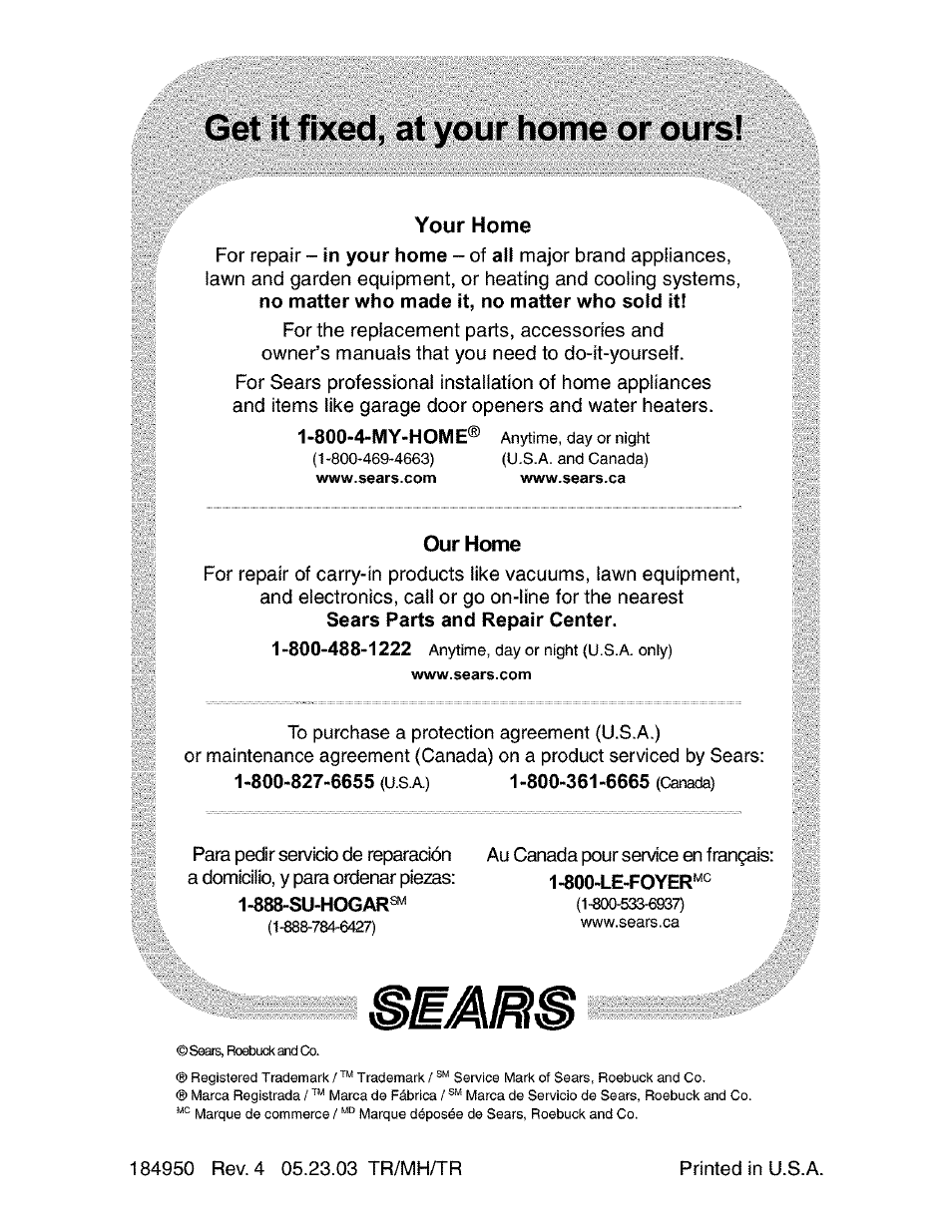 Get it fixed, at your home or ours, Your home, Our home | Craftsman 917.272850 User Manual | Page 56 / 56