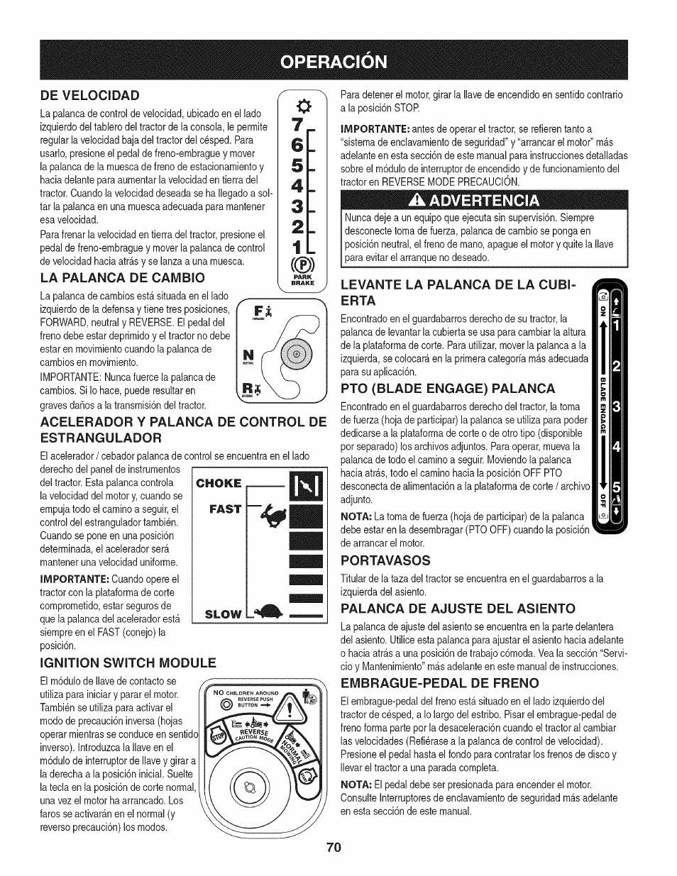 La palanca de cambio, Acelerador y palanca de control de estrangulador, Ignition switch module | A advertencia, Levante la palanca de la cubierta, Pto (blade engagé) palanca, Portavasos, Palanca de ajuste del asiento, Embrague-pedal de freno, Operacion | Craftsman 247.28902 User Manual | Page 70 / 92