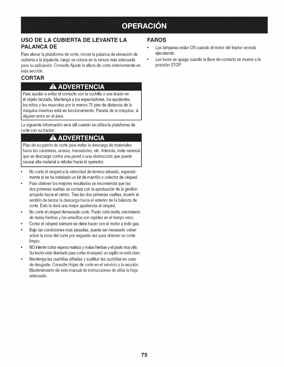 Cortar, A advertencia, Faros | Operacio | Craftsman 247.28902 User Manual | Page 75 / 92