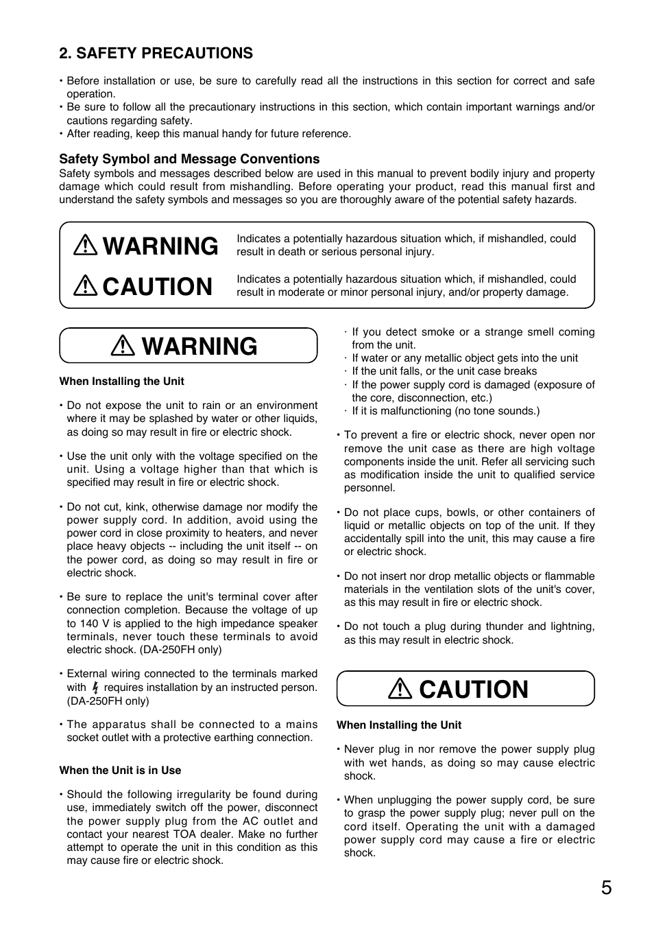 Warning, Warning caution caution, Safety precautions | Toa DA-250FH CU User Manual | Page 5 / 24