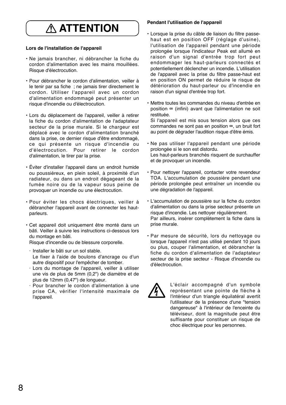 Attention | Toa DA-250FH CU User Manual | Page 8 / 24
