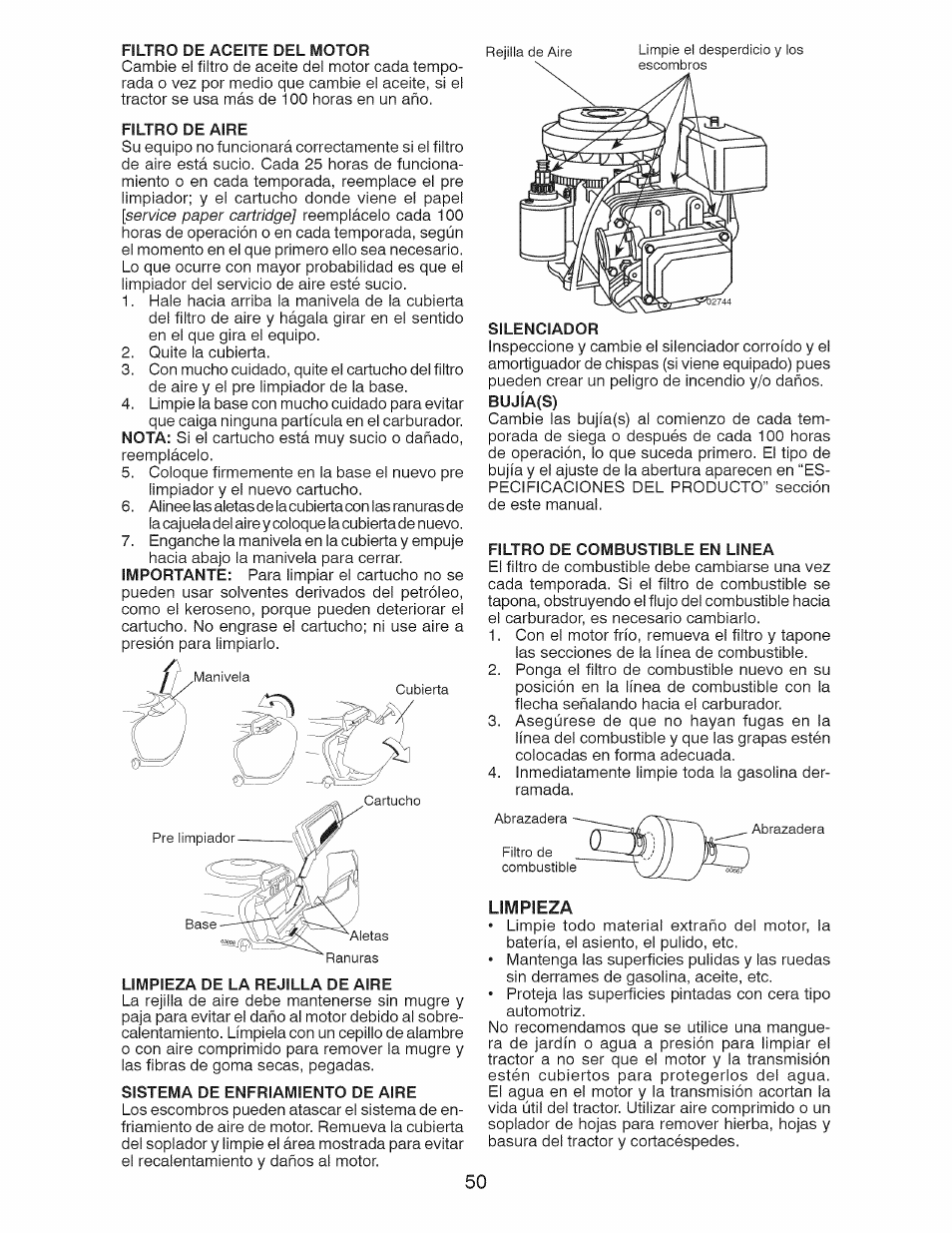 Filtro de aceite del motor, Filtro de aire, Limpieza de la rejilla de aire | Sistema de enfriamiento de aire, Silenciador, Filtro de combustible en linea | Craftsman 917.28924 User Manual | Page 50 / 64