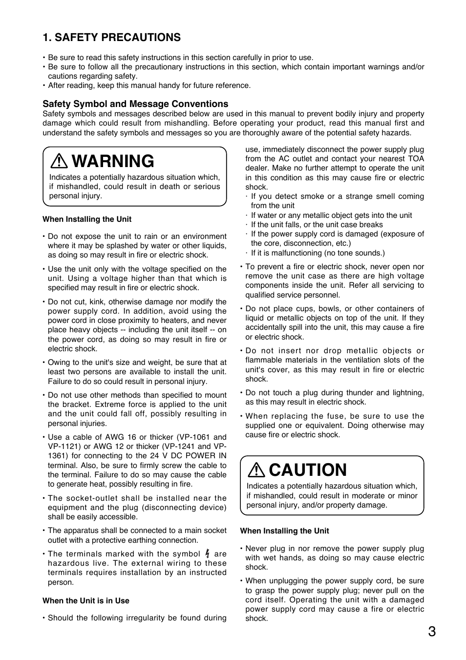 Warning, Caution, Safety precautions | Toa VP-1361 Manual User Manual | Page 3 / 12