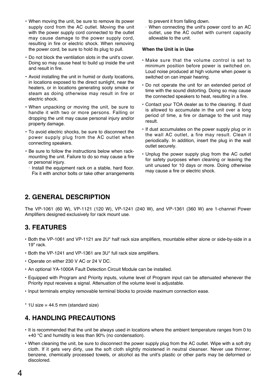 General description, Features, Handling precautions | Toa VP-1361 Manual User Manual | Page 4 / 12