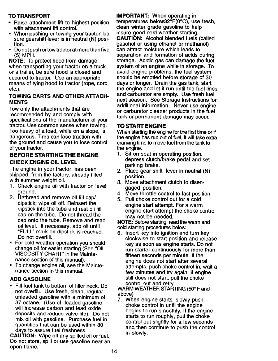 To transport, Towing carts and other attachments, Add gasoline | Craftsman 917.275013 User Manual | Page 14 / 60