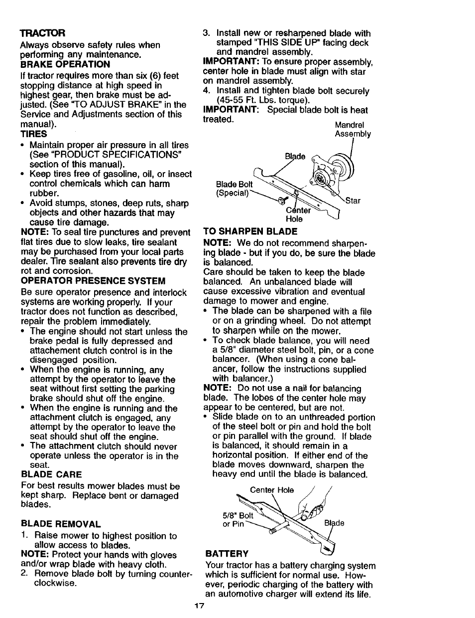 Brake operation, Tires, Operator presence system | Blade care, Blade removal | Craftsman 917.275013 User Manual | Page 17 / 60