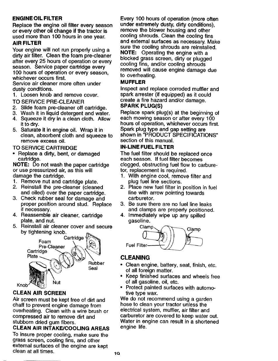 Engine oil filter, Clean air screen, Muffler | In-line fuel filter | Craftsman 917.275013 User Manual | Page 19 / 60