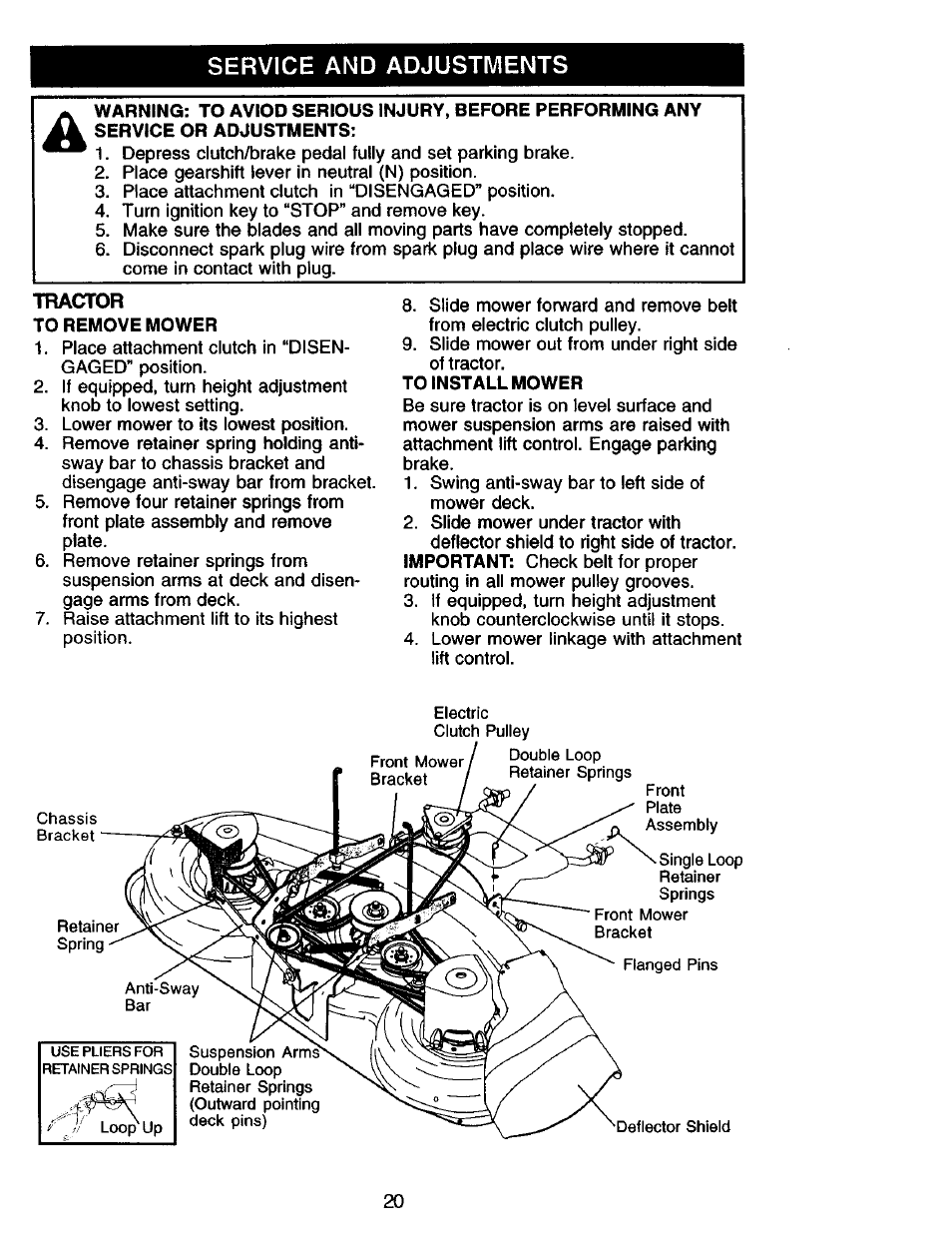 Service and adjustments, To remove mower, To install mower | Craftsman 917.275013 User Manual | Page 20 / 60