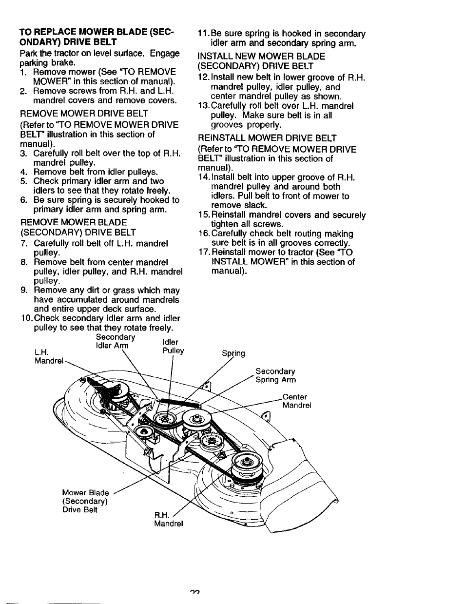 To replace mower blade (sec> ondary) drive belt | Craftsman 917.275013 User Manual | Page 23 / 60