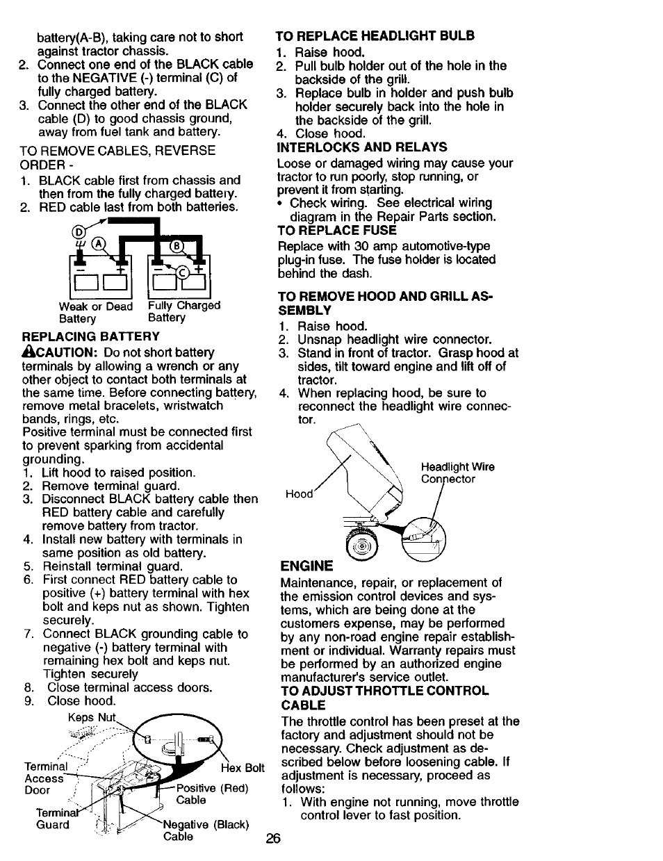 To replace headlight bulb, Interlocks and relays, To remove hood and grill assembly | To adjust throttle control cable | Craftsman 917.275013 User Manual | Page 26 / 60